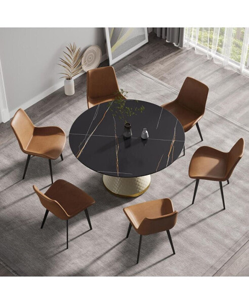53.15" Modern Artificial Stone Round White Carbon Steel Base Dining Table-Can Accommodate 6 People