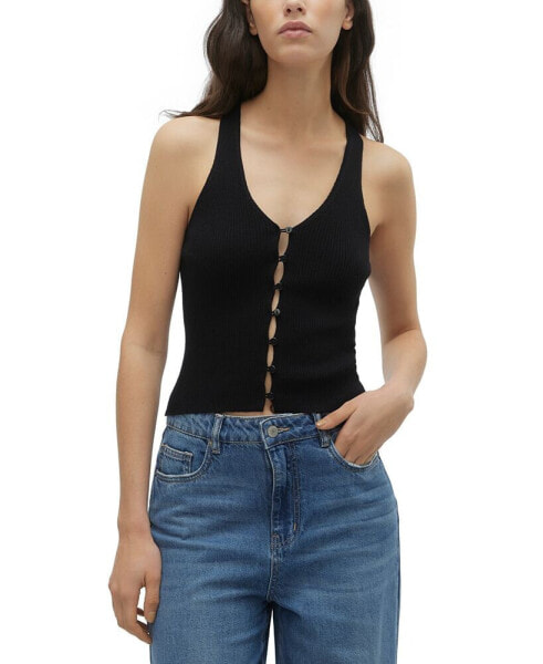 Women's Ribbed Sleeveless Button-Down V-Neck Top