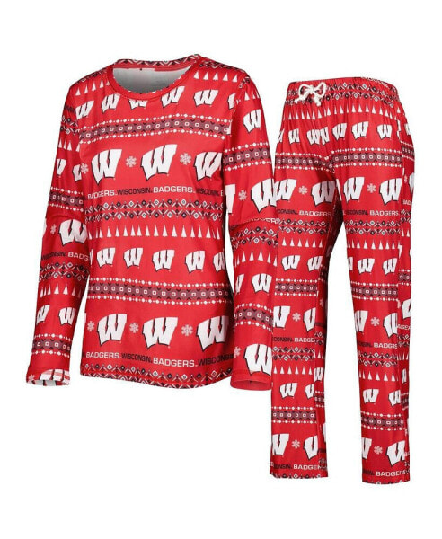 Women's Red Wisconsin Badgers Flurry Ugly Sweater Long Sleeve T-shirt and Pants Sleep Set