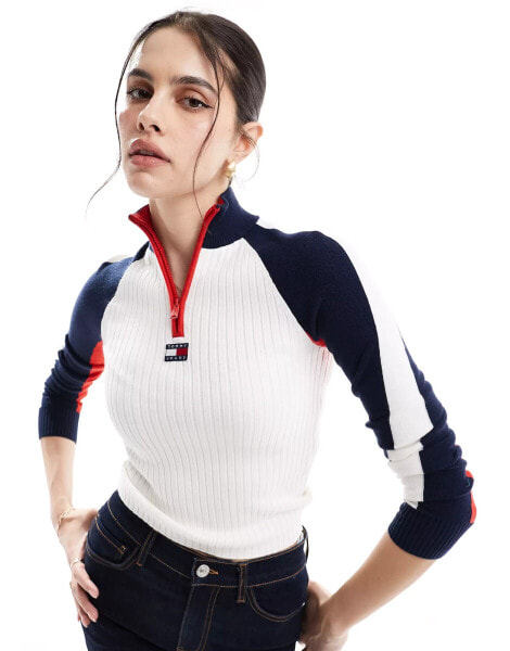 Tommy Jeans 1/4 zip rib colour block top in white and navy