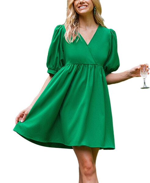 Women's Overlap Collar Bubble Sleeve Mini Beach Dress