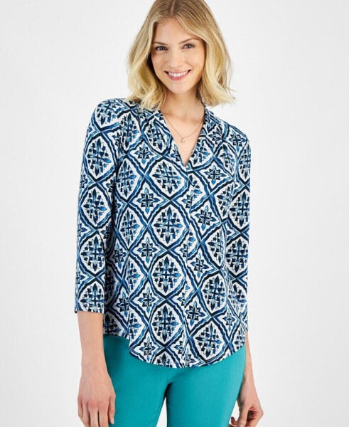 Women's V-Neck Printed 3/4-Sleeve Top, Created for Macy's