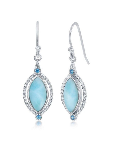 Sterling Silver Marquise Larimar with Round Blue CZ Rope Design Earrings