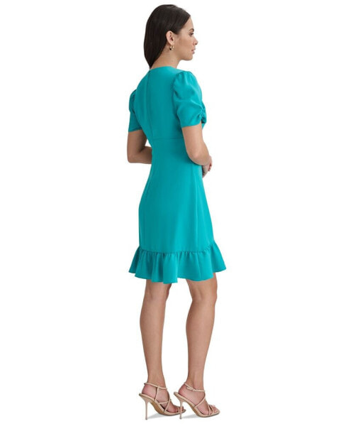 Women's Ruched-Sleeve A-Line Ruffle-Trim Dress