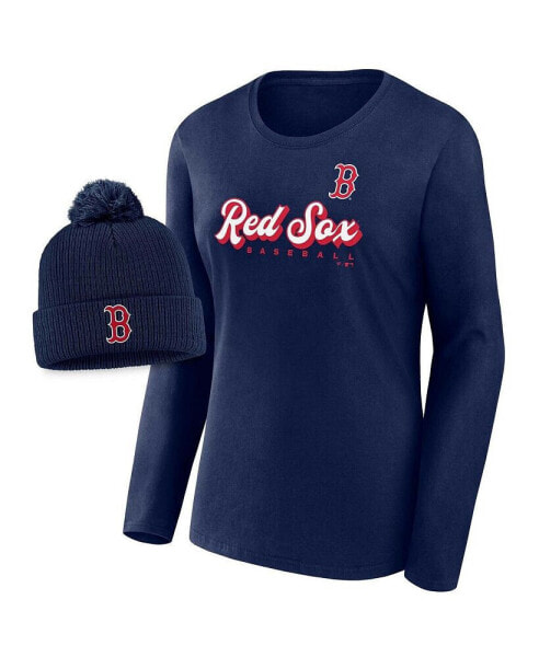 Women's Navy Boston Red Sox Run The Bases Long Sleeve T-shirt and Cuffed Knit Hat with Pom Combo Set