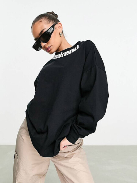 ASOS Weekend Collective oversized long sleeve t-shirt with collar logo in black