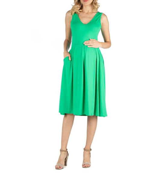 Fit and Flare Sleeveless Maternity Midi Dress with Pockets