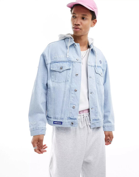 Aape By A Bathing Ape denim jacket with removable hood in lightwash blue