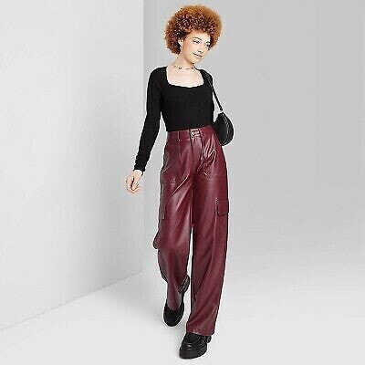 Women's High-Rise Straight Leg Faux Leather Cargo Pants - Wild Fable Burgundy M