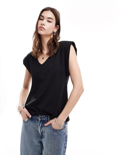 ONLY v neck padded shoulder t-shirt in black