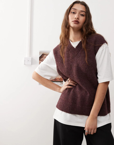 Weekday Kayla wool blend oversized v neck vest in wine red