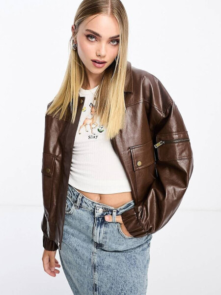 Urban Revivo oversized faux leather bomber jacket in dark brown