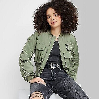 Women's Cargo Utility Cropped Bomber Jacket - Wild Fable Green XXS