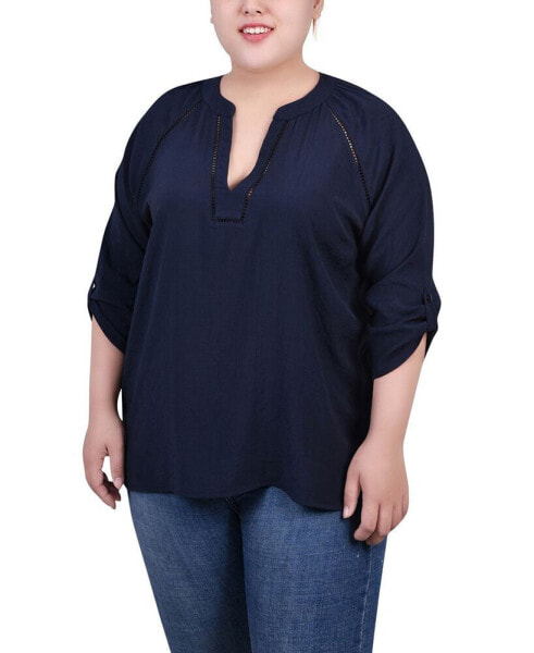 Plus Size Raglan Sleeve Split Neck Blouse