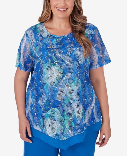 Plus Size Neptune Beach Tie Dye Textured Top with Necklace