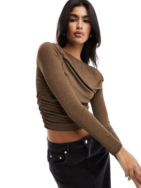 Pimkie slinky off shoulder long sleeve top in brown