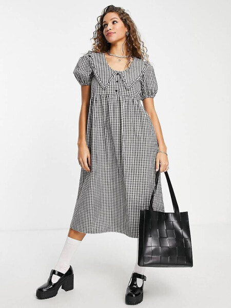 Topshop collar gingham midi dress in mono 