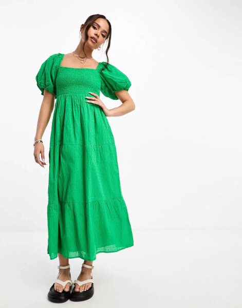 New Look shirred puff sleeve tiered dobby midi dress in bright green