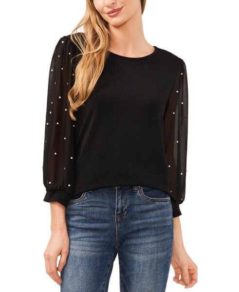 Women's Mixed Media Imitation-Pearl-Stud Top