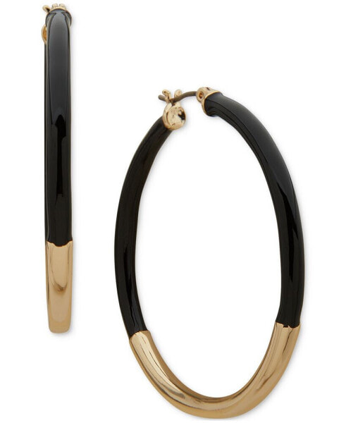Gold-Tone Medium Half-Black Tubular Hoop Earrings, 1.5"