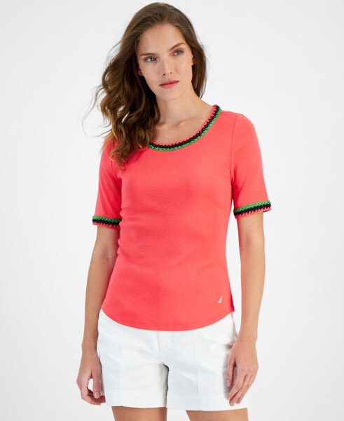 Women's Cotton Crochet-Trim Short-Sleeve T-Shirt