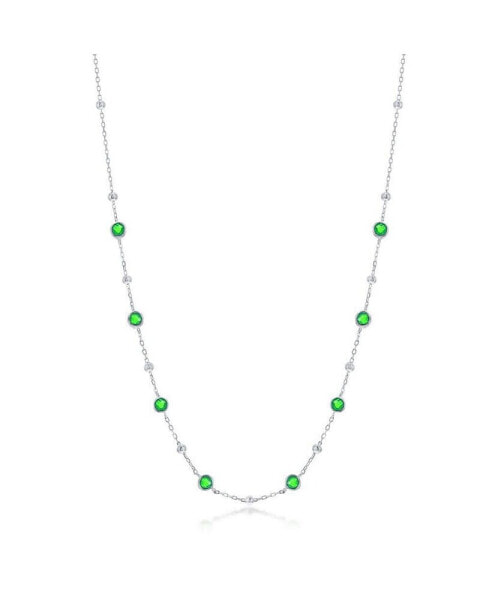 Sterling Silver Bezel-Set CZ & Bead Station Necklace (White, Green, Blue, Or Red)