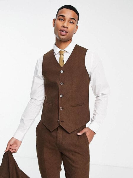 ASOS DESIGN wedding skinny wool mix suit waistcoat in brown basketweave texture 