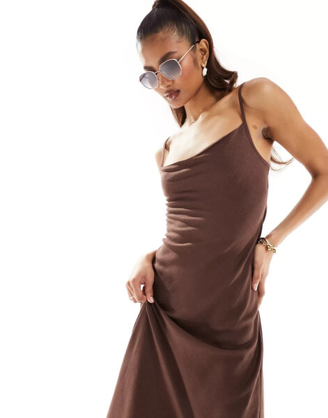 ASOS DESIGN linen cowl detail maxi slip sundress with draped back detail in chocolate