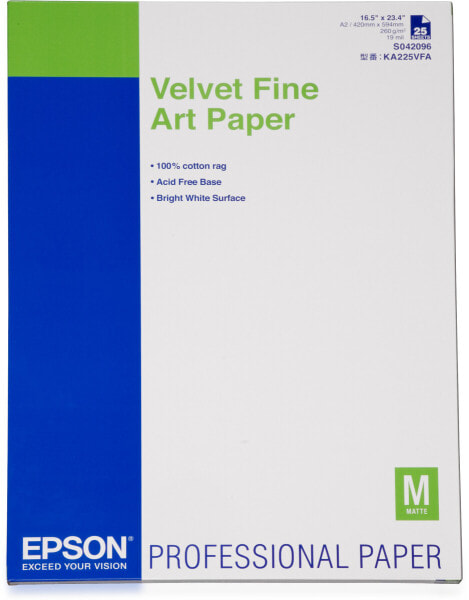 Epson Velvet Fine Art Paper - DIN A2 - 260g/m² - 25 Sheets - 42 cm - Matt - 480 µm - 260 g/m²