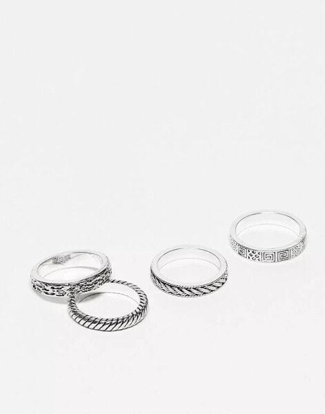 ASOS DESIGN 4 pack mixed skinny ring set in silver