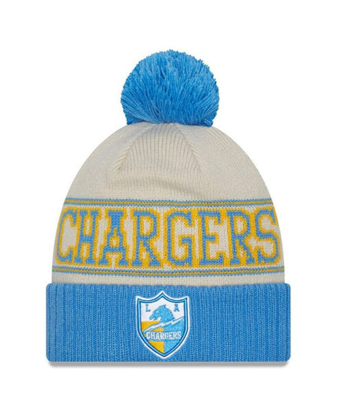 Men's Powder Cream, Blue Los Angeles Chargers 2023 Sideline Historic Pom Cuffed Knit Hat