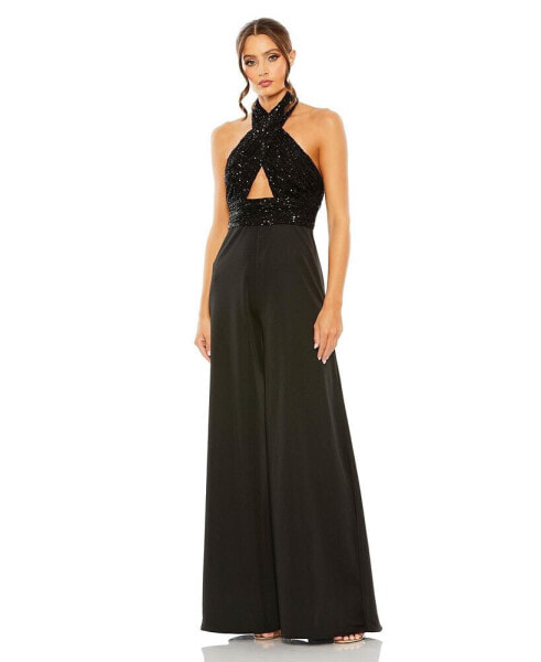 Women's Sequined Cross Neck Halter Jumpsuit