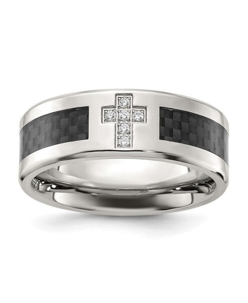 Stainless Steel Black Fiber Inlay CZ Cross 8mm Band Ring