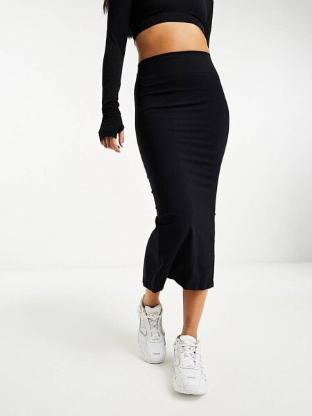 ASOS DESIGN seamless co-ord tubular midi skirt in black