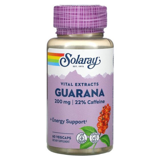 Травяной препарат Guarana, 200 мг, 60 капсул (веган) - SOLARAY