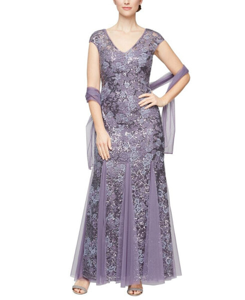 Petite Sequined Embroidered Gown & Shawl