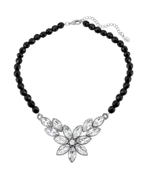 Silver-Tone Diamond Shaped Crystal Flower Black Beaded 15" Adjustable Necklace