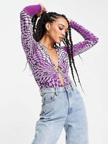 AFRM Jacky long sleeve plunge graphic bodysuit in purple