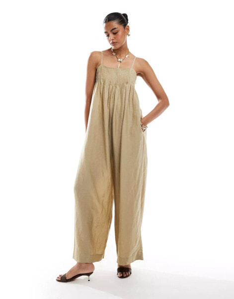 & Other Stories fluid wide leg jumpsuit with relaxed square neck in beige