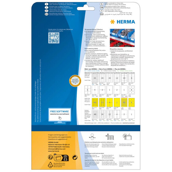 HERMA Labels signalling hard-wearing A4 45,7x21,2 mm yellow strong adhesion film matt weatherpr. 1200 pcs. - Yellow - Self-adhesive printer label - A4 - Laser - Permanent - Matte