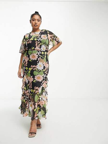 ASOS DESIGN Curve chiffon midi dress with frill hem in black based floral 