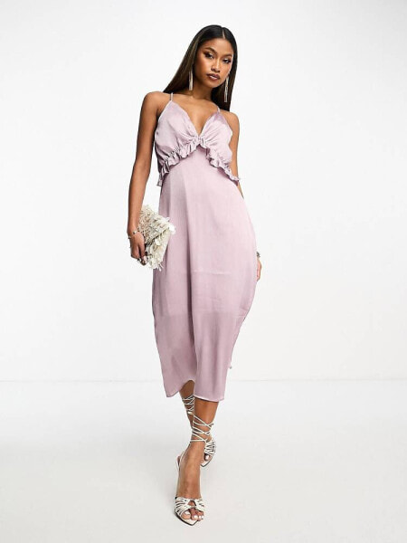 Y.A.S satin cami midi dress with frill detail in rich silver lilac