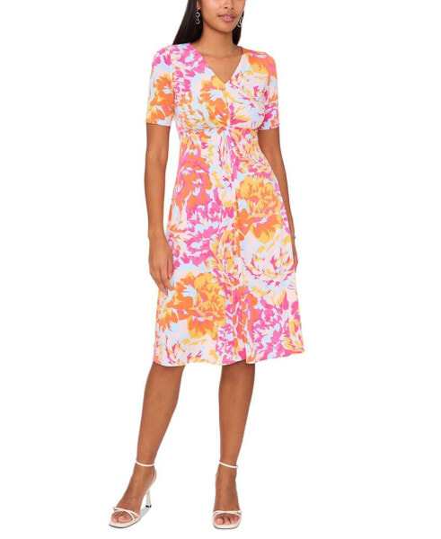 Petite Floral-Print Twist-Front Midi Dress