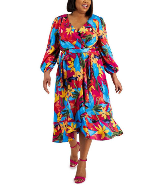 Plus Size Printed Long-Sleeve Satin Faux-Wrap Dress