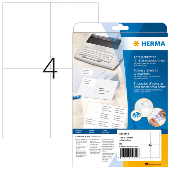 HERMA Address labels for typewriters A4 105x144 mm paper matt square corners 80 pcs. - White - Paper - Matte - Germany - 10.5 cm - 14.4 cm