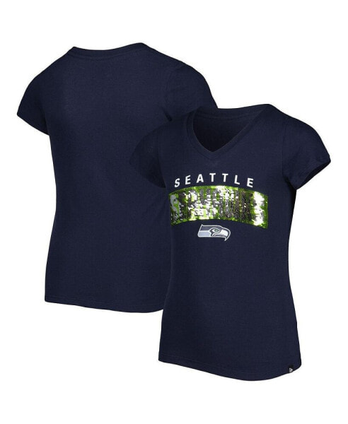 Big Girls College Navy Seattle Seahawks Reverse Sequin Wordmark V-Neck T-shirt