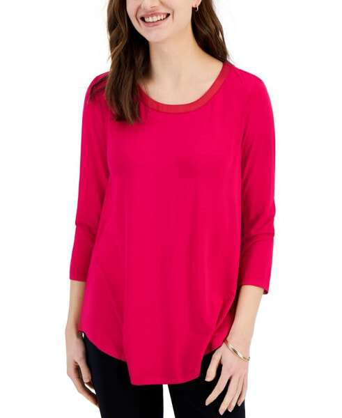 Women's Satin-Trim 3/4 Sleeve Knit Top, Created for Macy's