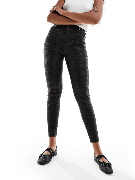 River Island high waist croc effect coated jeans in black