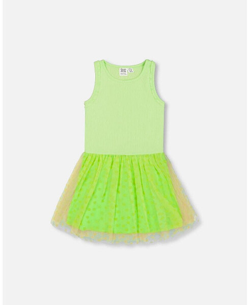 Платье для малышей Deux Par Deux с блестящим рифленым платьем и сетчатыми цветами Flocking Lime