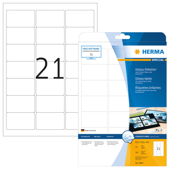 HERMA Labels A4 63,5x38,1 mm white paper glossy 525 pcs. - White - Self-adhesive printer label - A4 - Paper - Laser - Permanent